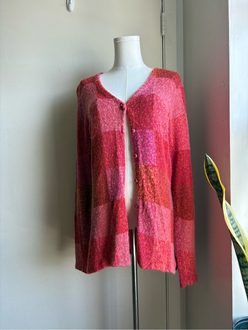 talbots 90s mohair blend pink checkered button front cardigan sweater